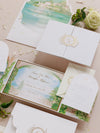 Villa del Balbianello | Luxuriöses Hochzeits-Einladungsset | Pocketstyle mit Aquarell-Hochzeitslocation und Goldfolie | Lake Como