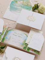 Villa del Balbianello | Luxuriöses Hochzeits-Einladungsset | Pocketstyle mit Aquarell-Hochzeitslocation und Goldfolie | Lake Como