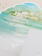 Villa del Balbianello | Luxuriöses Hochzeits-Einladungsset | Pocketstyle mit Aquarell-Hochzeitslocation und Goldfolie | Lake Como