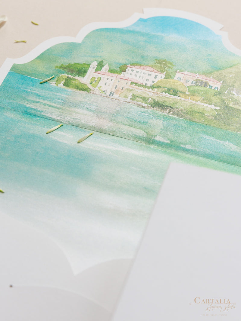 Villa del Balbianello | Luxuriöses Hochzeits-Einladungsset | Pocketstyle mit Aquarell-Hochzeitslocation und Goldfolie | Lake Como