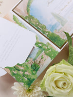 Villa del Balbianello | Luxuriöses Hochzeits-Einladungsset | Pocketstyle mit Aquarell-Hochzeitslocation und Goldfolie | Lake Como