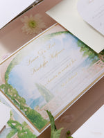 Villa del Balbianello | Luxuriöses Hochzeits-Einladungsset | Pocketstyle mit Aquarell-Hochzeitslocation und Goldfolie | Lake Como