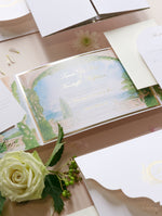Villa del Balbianello | Luxuriöses Hochzeits-Einladungsset | Pocketstyle mit Aquarell-Hochzeitslocation und Goldfolie | Lake Como