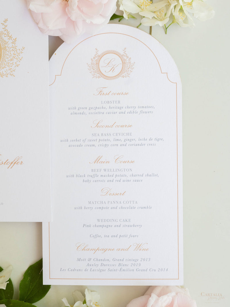 Menükarte mit Monogramm aus Goldfolie | Villa del Balbianello
