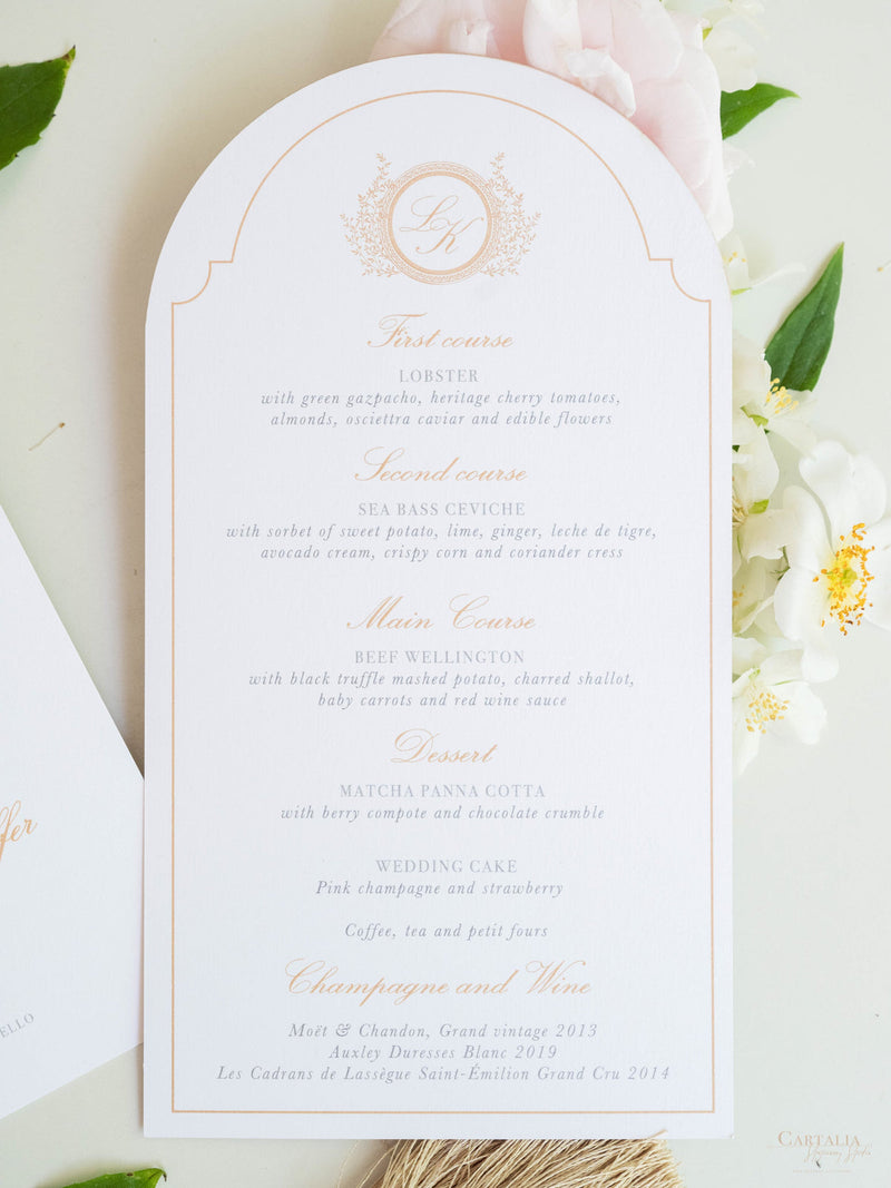 Menükarte mit Monogramm aus Goldfolie | Villa del Balbianello