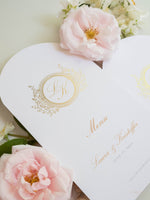 Menükarte mit Monogramm aus Goldfolie | Villa del Balbianello
