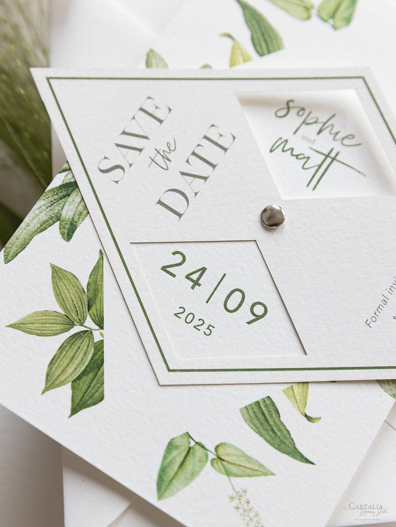 Interaktive ↻ Pivot Save the Date Karte Diamant in moderner Kalligraphie Boho