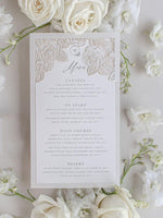 Menükarte mit Lasergeschnittenen Rosendetails, Hochzeitsmenü, Tischmenü