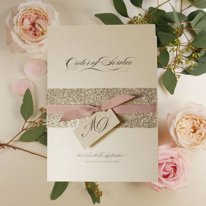 Modern Gold Glitter Wedding Simple Dusty Pink Ribbon Order of Service / Menu