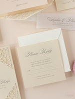 Champagner Lasergeschnittene Spitze Pocketfold Hochzeits-Antwortkarte, RSVP