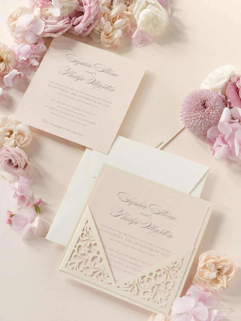 Champagner lasergeschnittene Pocketfold Abendhochzeiteinladung