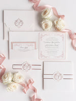 Quadratische Pocketfold-Hochzeitseinladung mit Bauchbinde und Rosegoldfolienprägung