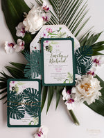 Hochzeitseinladung "Tropical" Grün mit Rsvp und bedrucktem Umschlagfutter
