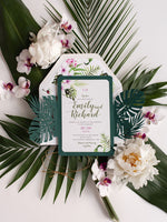 Hochzeitseinladung "Tropical" Grün mit Rsvp und bedrucktem Umschlagfutter