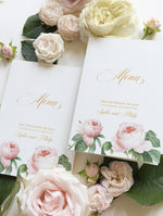 Goldfolie auf cremefarbenem Papier Menükarte mit romantischen Rosen
