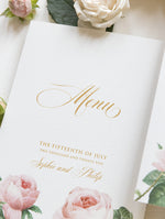 Goldfolie auf cremefarbenem Papier Menükarte mit romantischen Rosen