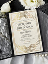 Great Gatsby Hochzeitseinladung im Art-Deco Stil mit lasergestanzten schwarzen Türen und Bauchbinden-Monogramm