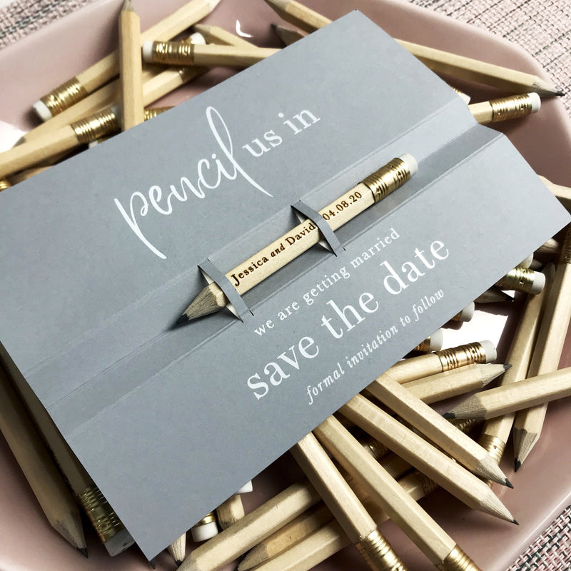 Pencil us in ✏ Save the Date Wedding Card in Dusty Grey with your names Engraved