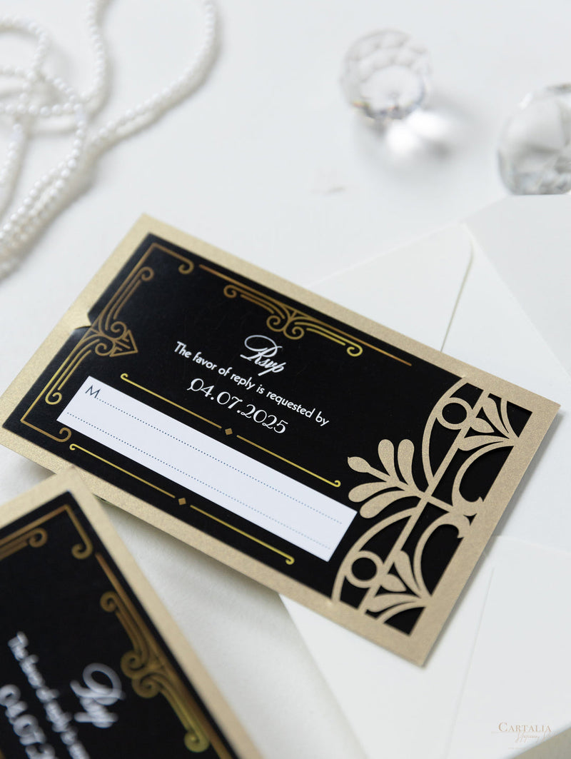 Hochzeitseinladung Gold/Marine im Art Deco Stil mit lasergeschnittenem Tor-Ornament