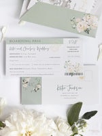 Florale Reisepass-Hochzeitseinladung, Salbeigrün mit Hortensien