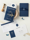 USA Reisepass-Hochzeitseinladung mit graviertem Flugzeuganhänger und Silberfolie