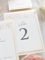 Klassische Konfetti-Tischnummerkarte & Name in Dusty Rosa und Champagner