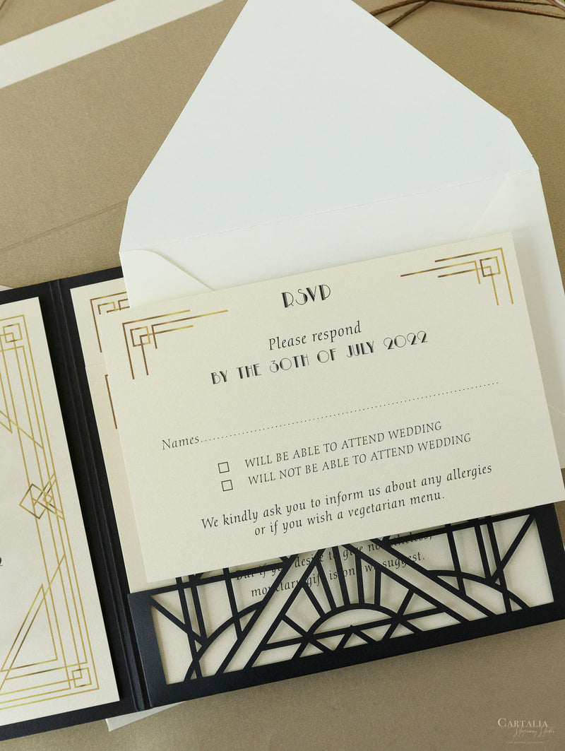Lasergeschnittene Pocketfold-Hochzeitseinladung Gold Art-Deco und Great Gatsby Design mit 3 Einlegern