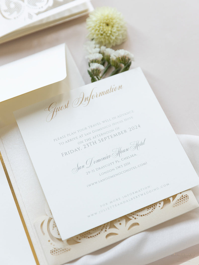 Lasergestanzte Pocketfold-Hochzeiteinladung mit 3 Einlegern: Gäste & Unterkunft & RSVP-Karte