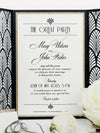 Luxuriöse Hochzeitseinladung im Art Deco Stil mit lasergeschnittenem Tormuster und Goldumschlag