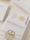 Luxuriöse Reisepass-Hochzeitseinladung Champagner mit echter Goldfolie mit RSVP