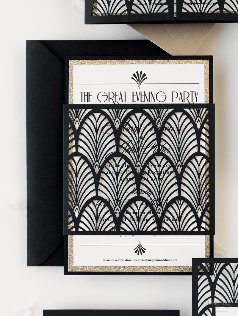 Luxuriöses Art Deco Great Gatsby Tor mit Laserschnitt Einladung zum Hochzeitsabend