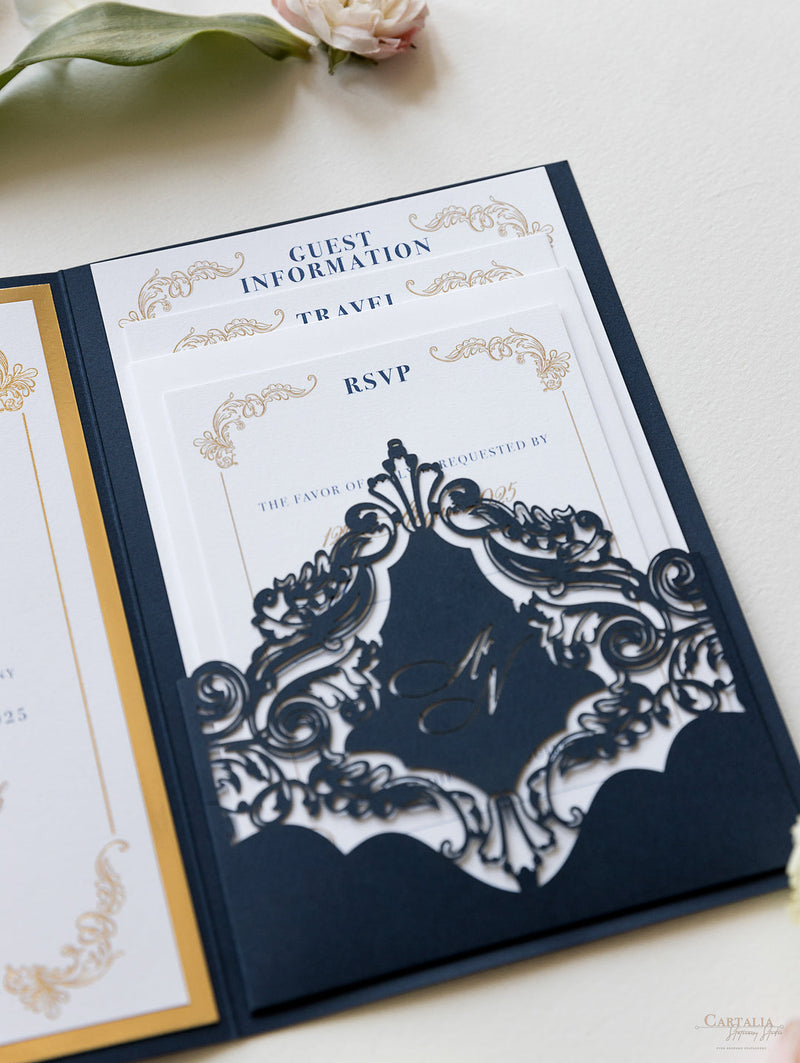 Luxuriöses und Klassisches Pocketfold-Einladungs-Set Marineblaue mit Goldfolie, Hochzeitseinladung mit 3 Einleger