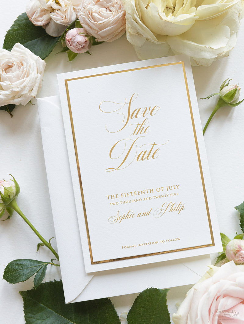 Luxus Goldfolie und Cremefarbene Romantische Rosen "SAVE THE DATE" mit Pergamentband