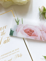 Luxus Goldfolie und Cremefarbene Romantische Rosen "SAVE THE DATE" mit Pergamentband
