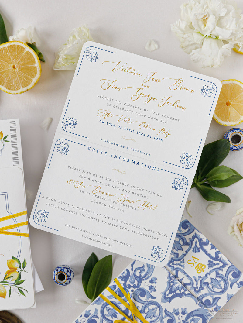Luxus-Hochzeitseinladung "Italien" mit Zitronen und sizilianischen Fliesen
