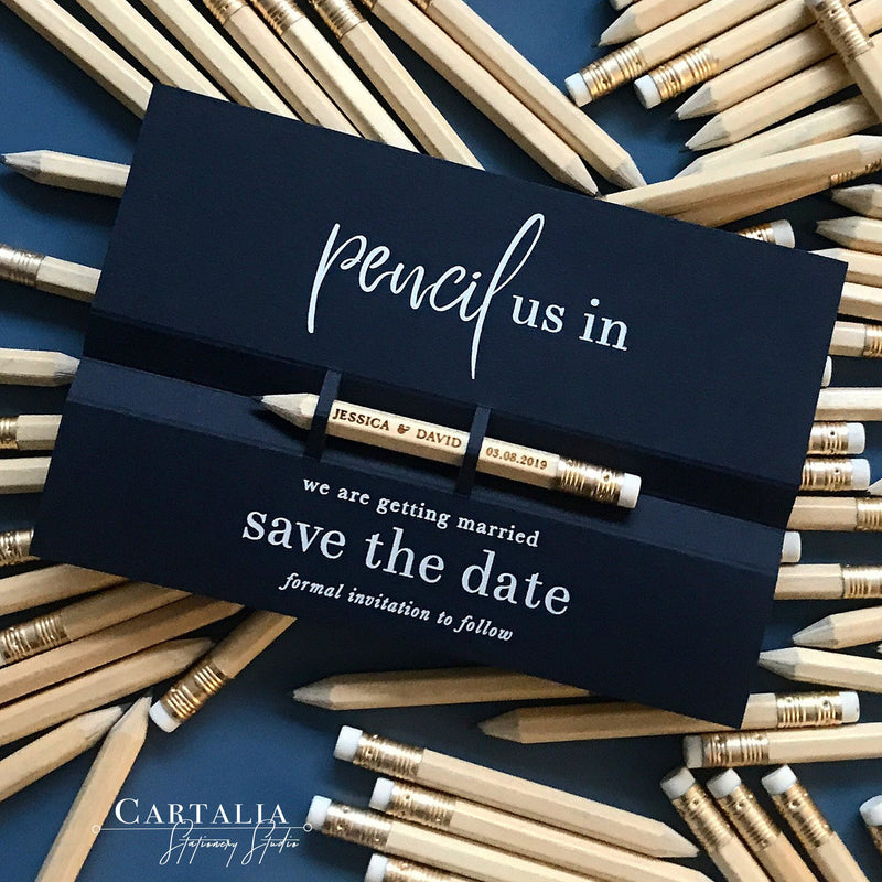 Pencil us in ✏ Save the Date Wedding Card with White Foil text and your names Engraved
