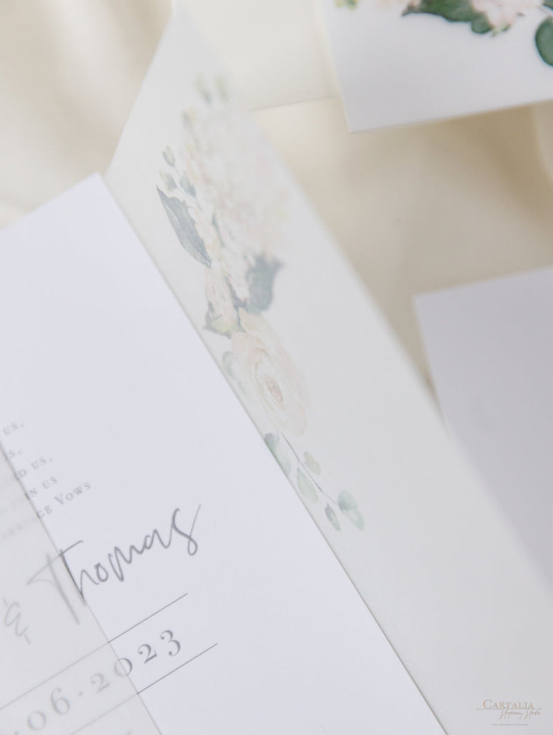Pergament-Einladung "Hortensien" mit silbernem Spiegelplexiglas-Anhänger