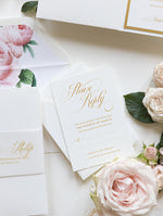 Pocketfold-Einladungs-Set "Roses" mit Goldfolie und Pergament-Bauchbinde