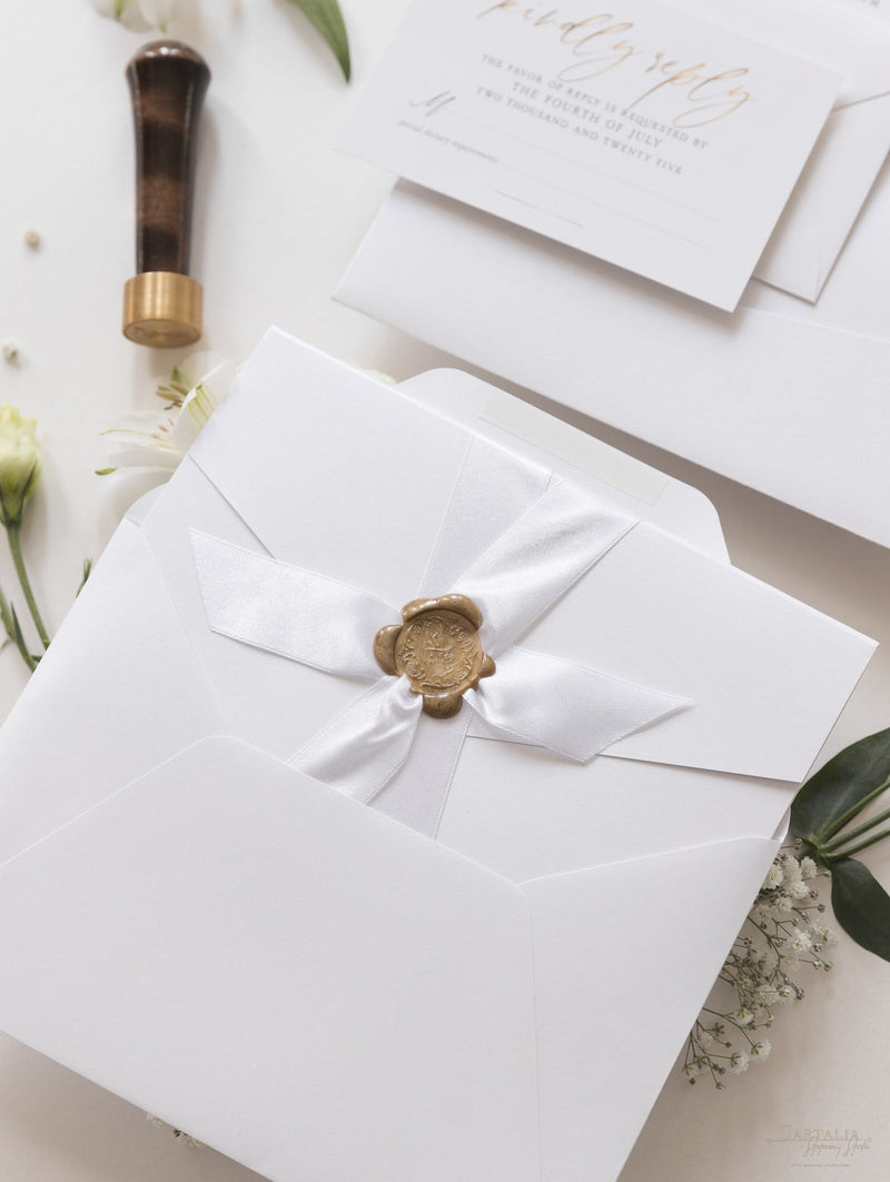 Pocketfold-Einladungs-Set mit Wachssiegel, Schleifenband und Goldfolie