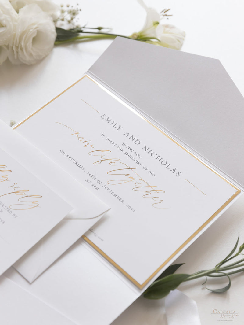 Pocketfold-Einladungs-Set mit Wachssiegel, Schleifenband und Goldfolie