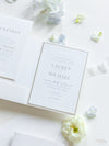 Pocketfold-Hochzeitseinladung mit Blindprägung, Pergament-Bauchbinde und RSVP-Karte