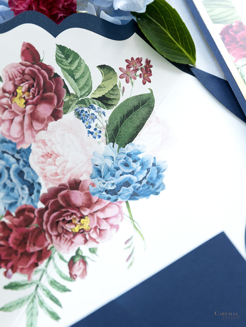 Pocketfold-Hochzeitseinladung Marineblau mit bunten Blumen und Goldfolie