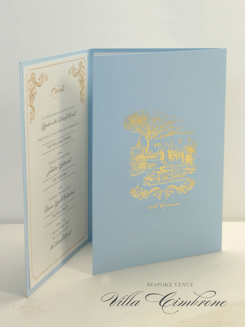 Pocketfold-Einladungs-Set Blau mit Goldfolie und Laserstanzung