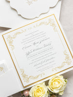 Quadratische Pocketfold-Hochzeitseinladung Gold/Creme mit Bauchbinde und Goldfolie