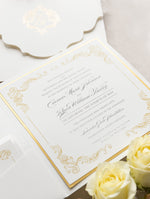 Quadratische Pocketfold-Hochzeitseinladung Gold/Creme mit Bauchbinde und Goldfolie