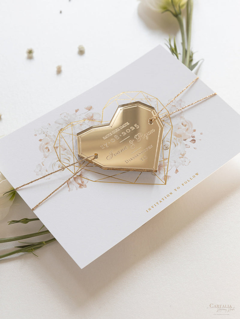 Romantische Rosen "Save the Date"-Karte mit geometrischem Gold Herz Plexi Magnet