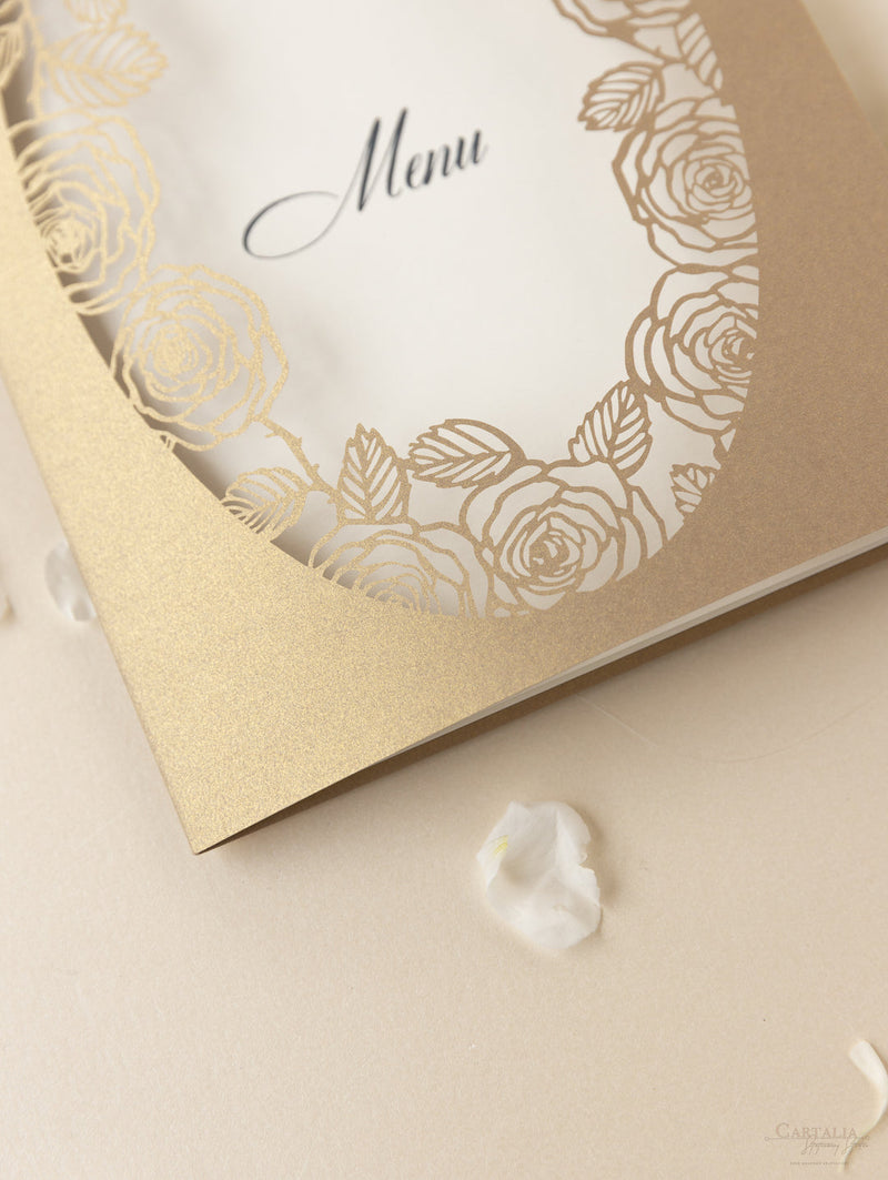 Romantische lasergeschnittene Rosenkarte Hochzeitskarte "Order of Service"/Menükarte