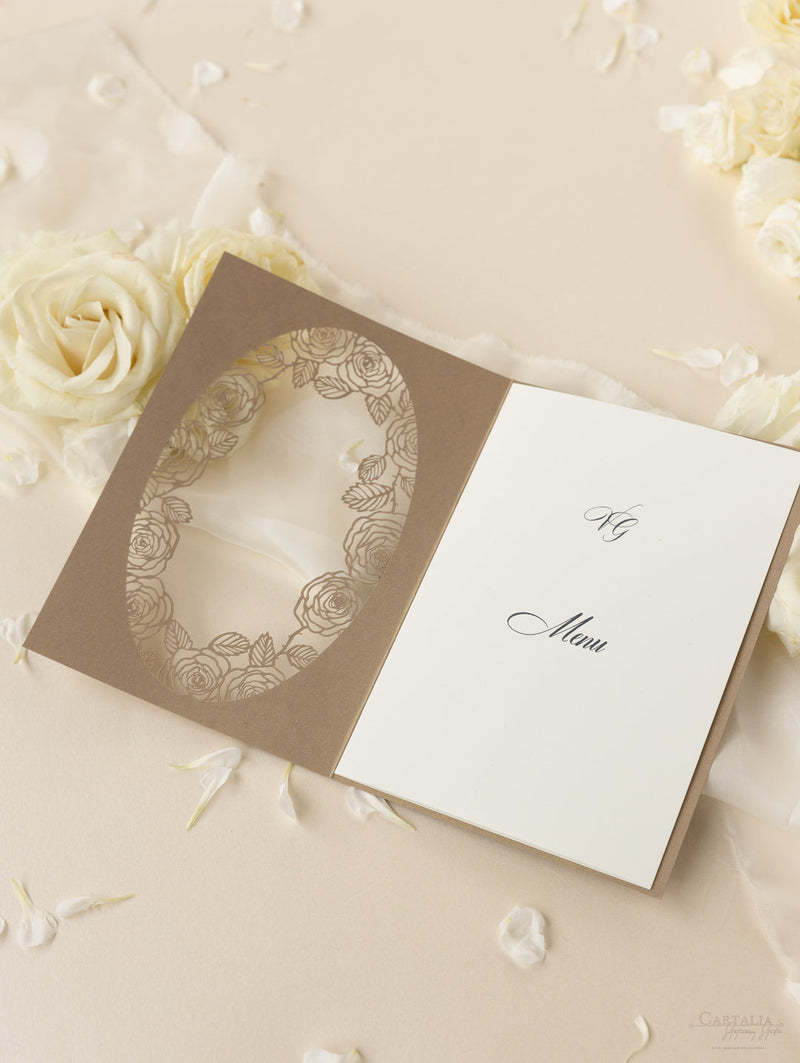 Romantische lasergeschnittene Rosenkarte Hochzeitskarte "Order of Service"/Menükarte
