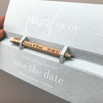 Pencil us in ✏ Save the Date Wedding Card with White Foil text and your names Engraved