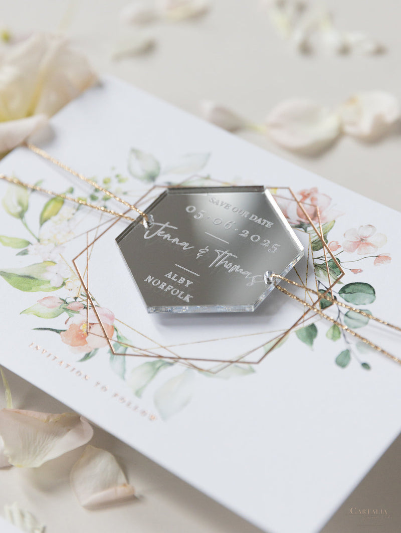 Modern Hexagon Plexi "Save the Date" Karten mit Magneten | Hochzeitseinladung | Gold & Silber